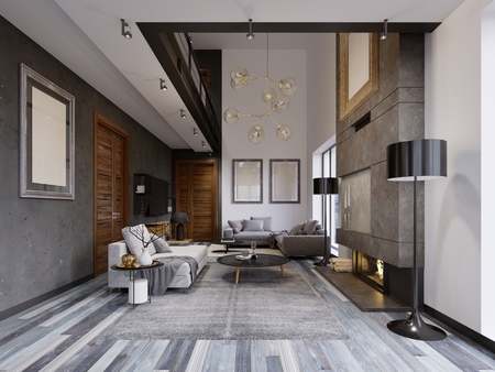 Luxurious lof interior design living room in a hipster style with gray furniture and walls and a creative cabinet under the TV with shelves. 3d rendering.の写真素材
