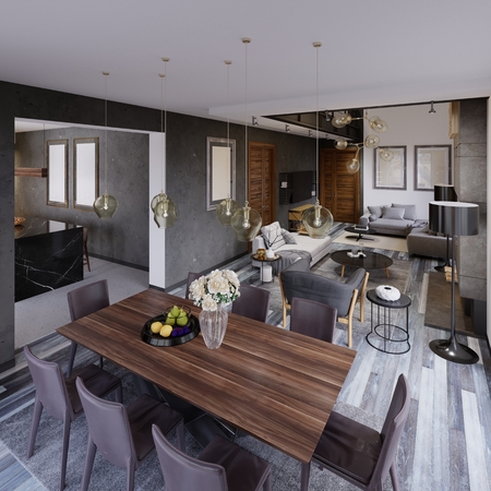 Design apartment with a dining table and a large loft-style living room with sofas and a large fireplace and panoramic windows. 3d rendering.の写真素材