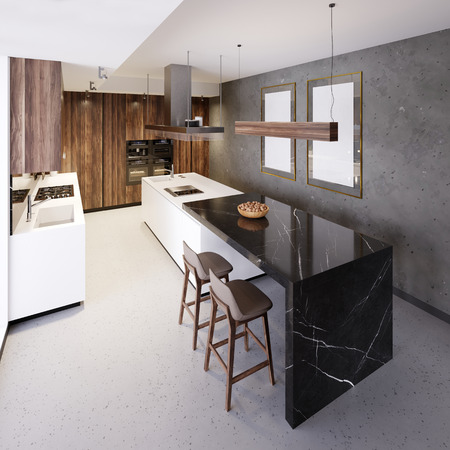 Luxurious bar counter in a modern kitchen and a large panoramic window. Kitchen of different materials, marble, wood, plastic. 3d rendering.の写真素材