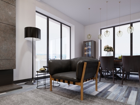 Designer black leather armchair near the dining table with chairs in the dining room. Sulfur floor lamp with sideboards for dishes with lighting. 3d rendering.の写真素材