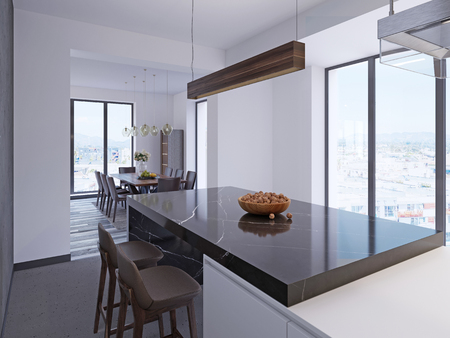 Modern bar counter in contemporary kitchen with dining area and large panoramic windows. 3d rendering.の写真素材