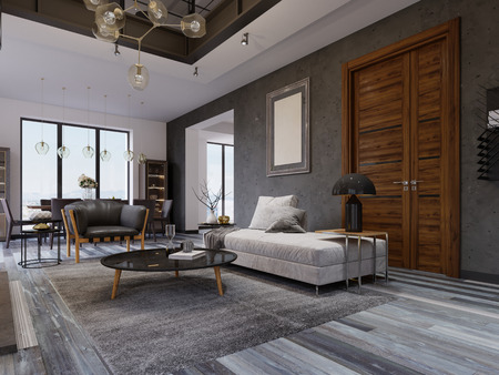 loft apartment with living room and dining room. 3d rendering.の写真素材