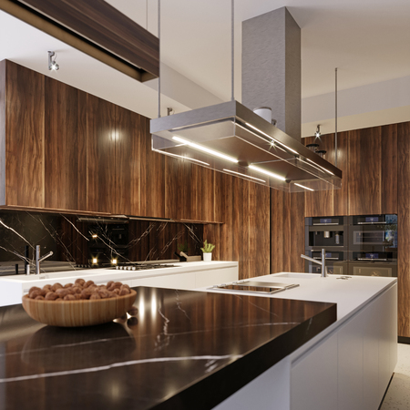 Modern kitchen appliances in contemporary interior kitchen, 3D rendering.の写真素材