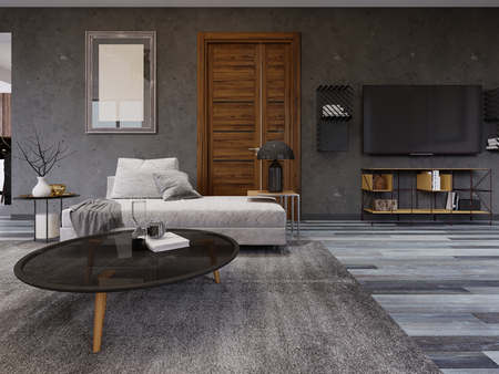 Cozy lounge in the style of a loft with a TV stand, a picture on the wall and a sofa with a magazine table. 3d rendering.の写真素材