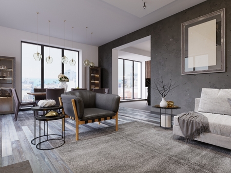 loft apartment with living room and dining room. 3d rendering.