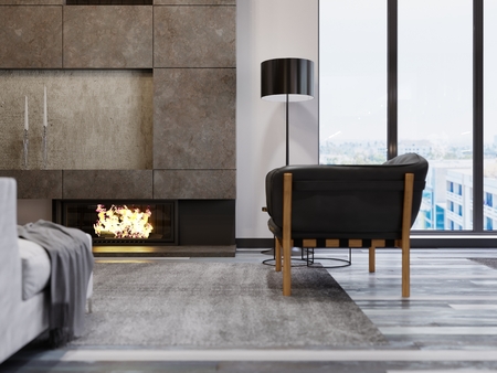 Leather designer armchair with wooden legs near the fireplace. Concrete fireplace with live fire. Interior in loft style. 3d rendering.の写真素材