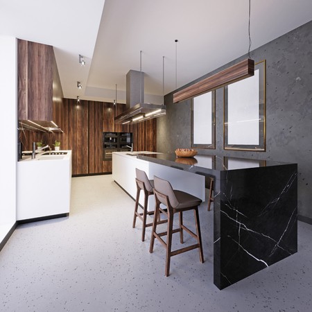 White kitchen furniture with kitchen island and bar in loft interior. 3D Renderingの写真素材