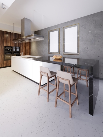 Contemporary kitchen interior with brown and white furniture. Design and lifestyle concept. 3D Renderingの写真素材