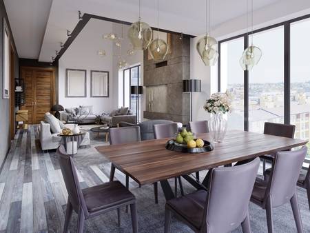 Elegant modern dining room interior. Dining room in luxury home. Kitchen, dining and living room of loft apartment. 3d renderingの写真素材
