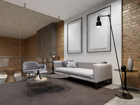 Spacious modern open-plan loft living room with  comfortable grey couches in seating areas. 3d renderingの写真素材