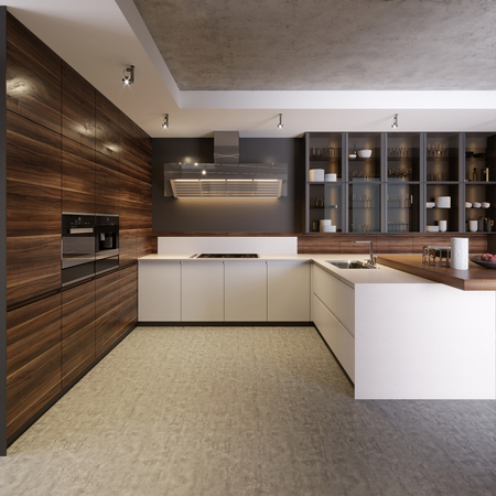 Kitchen interior with concrete walls, white countertops and consoles, large windows, a concrete floor and a bar stand with stools. 3d renderingの写真素材