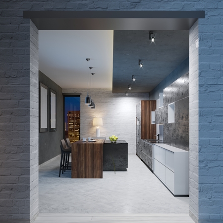 modern kitchen design with a long center island and bar table fitted with a black marble countertop, stainless steel equipment. 3D Renderingの写真素材