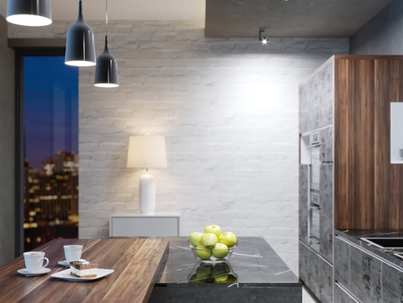 Modern kitchen long kitchen island with a wooden top of the bar with chairs. 3d rendering.の写真素材