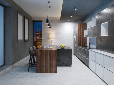 Modern dark kitchen interior with furniture and equipment. 3D Renderingの写真素材