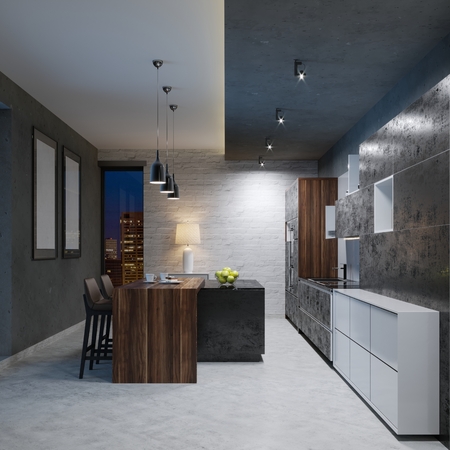Contemporary kitchen counter with white and black design. 3D Renderingの写真素材