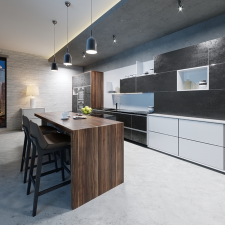 Bar counter with chairs in the kitchen in contemporary style. 3d rendering.の写真素材