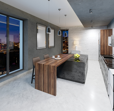 Bar counter with chairs in the kitchen in contemporary style. 3d rendering.の写真素材
