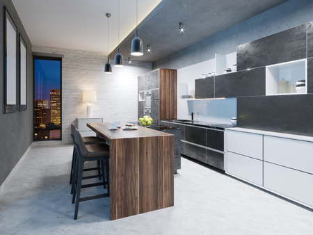Luxurious kitchen with stainless steel appliances in contemporary mansion. 3d renderingの写真素材