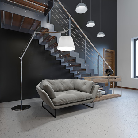 Comfortable modern sofa in the lobby near the stairs to the second floor. 3d rendering.の写真素材