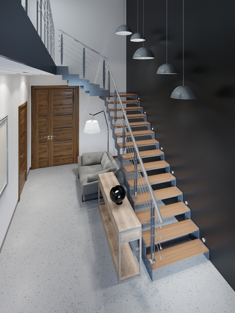 Staircase to the second floor in a modern apartment with metal railings and wooden steps with large pendant lamps, black and white design. 3d rendering.の写真素材