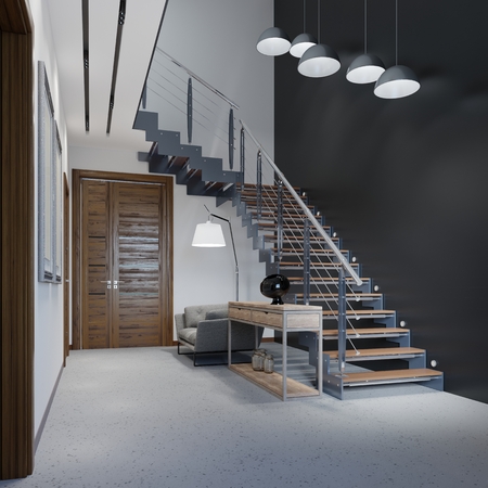 Staircase to the second floor in a modern apartment with metal railings and wooden steps with large pendant lamps, black and white design. 3d rendering.の写真素材