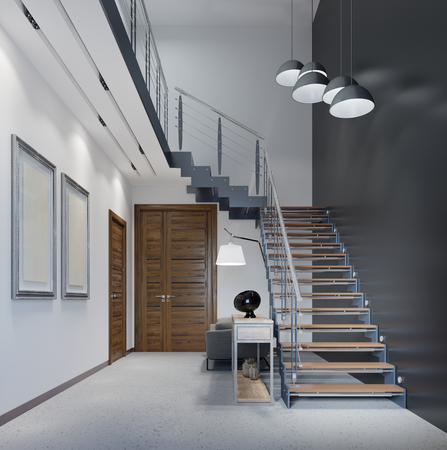 Staircase to the second floor in a modern apartment with metal railings and wooden steps with large pendant lamps, black and white design. 3d rendering.の写真素材