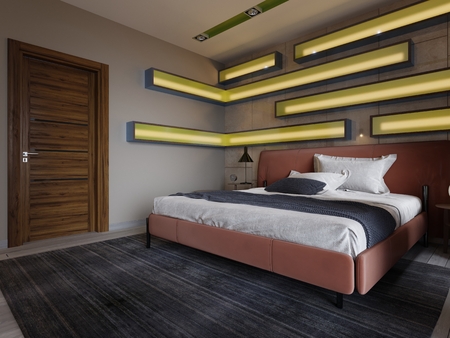 Modern multi-colored bedroom with shelves on the wall with green lighting under the frosted glass, leather bed in red with bedside tables. 3d renderingの写真素材