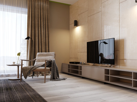 Modern TV stand with shelves and a TV over on the wall of glossy panenley beige color. Bedroom with an armchair and TV stand. 3d renderingの写真素材