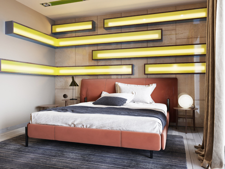 Modern leather bed with side tables with lamps in the contemporary bedroom. Illuminated shelves, glossy wall panels, leather headboard. 3d renderingの写真素材