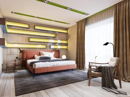 Modern multi-colored bedroom with shelves on the wall with green lighting under the frosted glass, leather bed in red with bedside tables. 3d renderingの写真素材