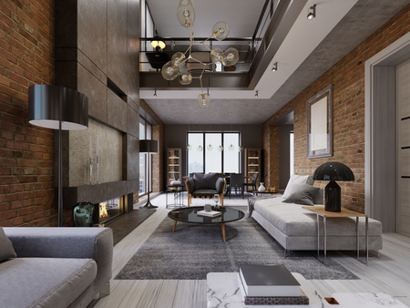 Modern loft living room with high ceiling, sofa, red brick wall, white parquet, upholstery sofa and furniture, design accessories, dining table with chairs. 3d renderingの写真素材
