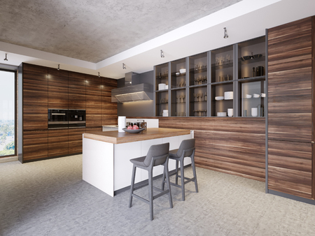 Modern design kitchen interior in contemporary style with technological furniture and kitchen appliances. 3d rendering.の写真素材