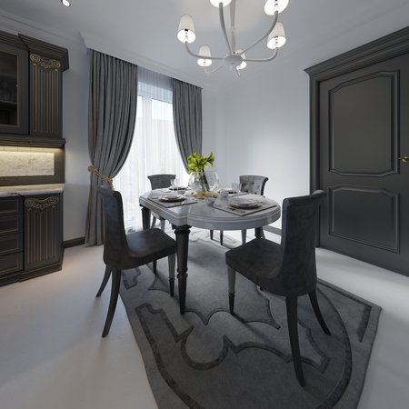 Wooden table color black gloss. table made of dark wood classic style. Classic kitchen suite consisting black table and four wooden chairs lined with textiles. Interior in dark colors in strict style. 3d renderingの写真素材
