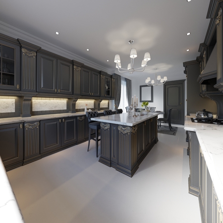 Classic kitchen, modern minimal interior design with wooden details, 3d renderingの写真素材