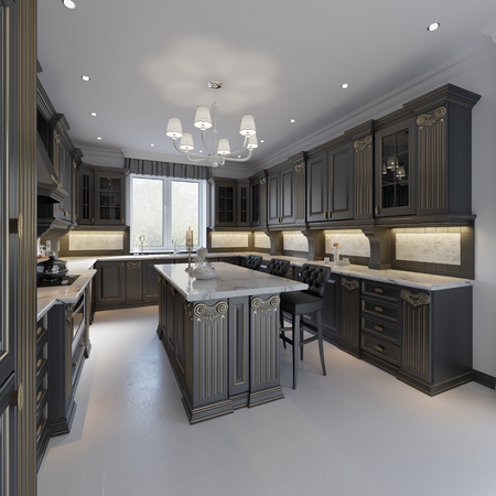 Classic kitchen, modern minimal interior design with wooden details, 3d renderingの写真素材