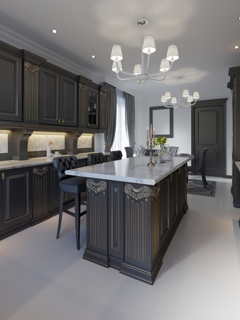 beautiful kitchen in luxury home with island, pendant lights, cabinets, and self-leveling floors. marble backsplash, elegant features. 3d renderingの写真素材