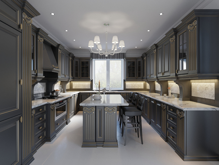 Modern English Classic Style Kitchen Interior Design with dark Furniture, bleak Facades and Marble Countertop. 3d renderingの写真素材