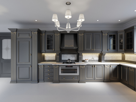 Modern dark wooden kitchen in classical style. 3D renderingの写真素材