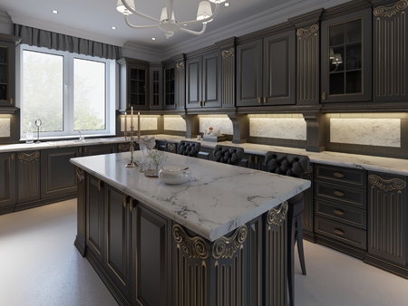 Black bar stools at kitchen island in bright living room. 3d renderingの写真素材