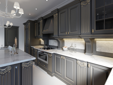 Luxury vintage kitchen interior with dining area. 3d rendering.の写真素材