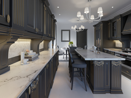 Modern classic kitchen design with black cabinets and white marble worktop and floor. 3d rendering.の写真素材