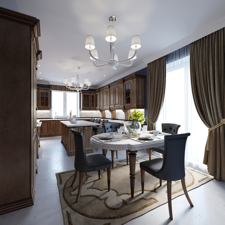 Luxury classic interior of dining room, kitchen with brown furniture and chandeliers. 3d renderingの写真素材
