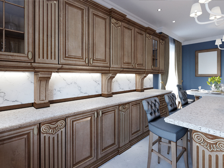 Classical kitchen in luxury home with oak wood cabinetry. 3d renderingの写真素材