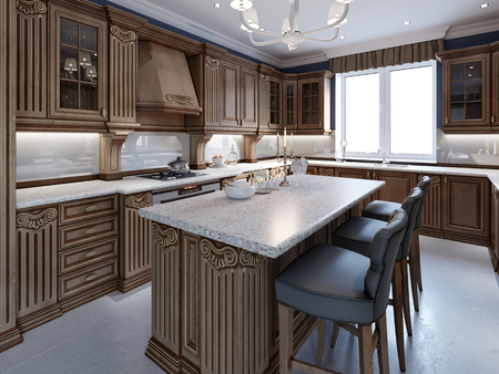 Kitchen with granite island and cherry wood cabinetry. 3d rebderingの写真素材