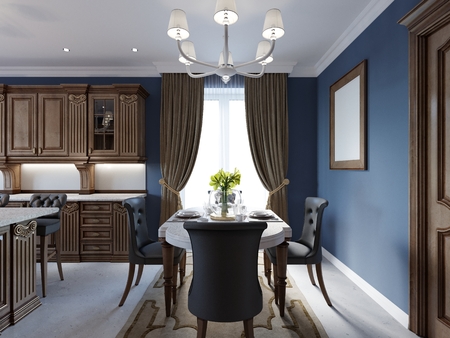 Dining room in classic and luxury style, with dining served table with decorative elements, four upholstered chairs, two chandeliers and island with decor. 3d renderingの写真素材