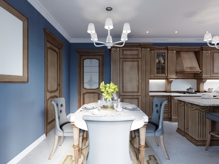 Dining room in classic and luxury style, with dining served table with decorative elements, four upholstered chairs, two chandeliers and island with decor. 3d renderingの写真素材