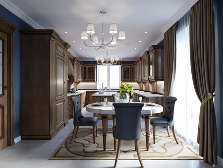 Kitchen and dining in luxury home with cherry wood cabinets. 3d renderingの写真素材