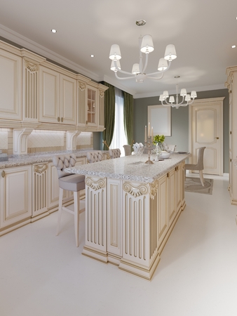 Kitchen island in a luxurious classic style kitchen. 3d renderingの写真素材