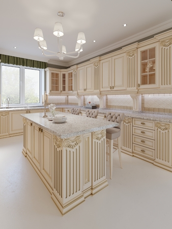 Kitchen island in a luxurious classic style kitchen. 3d renderingの写真素材