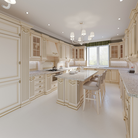 Kitchen interior and dining table in classical style with beige furniture, 3d renderingの写真素材